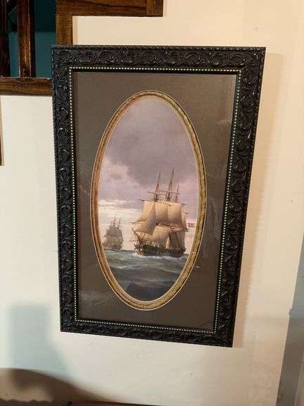 Framed ship picture, wire wall hanging image