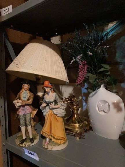 Brass table lamp, ceramic vase, 2 Victorian figurines image