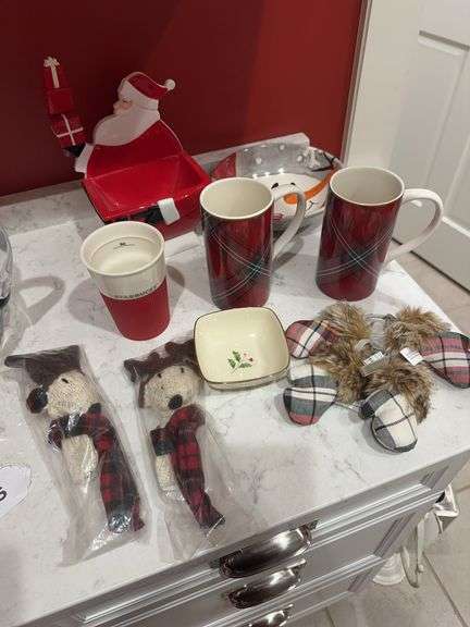 Lenox dish, 2 Williams Sonoma mugs, Department 56 Santa cheese ball dish, Reindeer and mitten wine bottle toppers, snowman bowl, Santa collector plate, Santa plate, 2 Christmas tree plates image