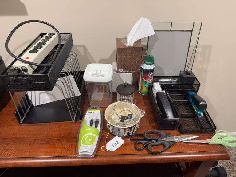 Office items, Mikasa dish, scissors, power strip, picture frame, dog bowl, misc image