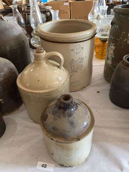 3 crock jugs (2 damaged), #6 Western crock with hair line crack image