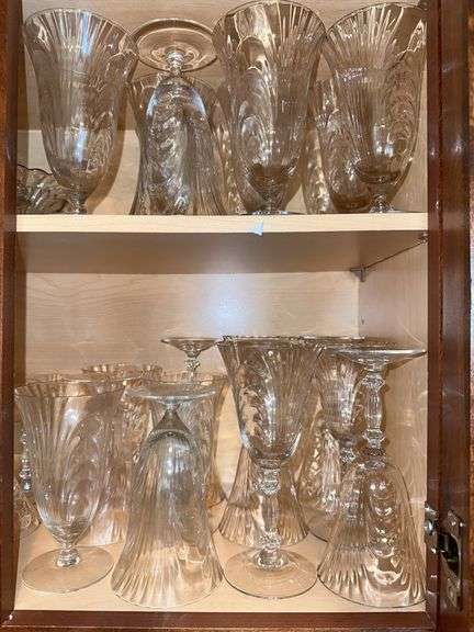 Large lot of Cambridge Capri glass footed glasses and wine glasses