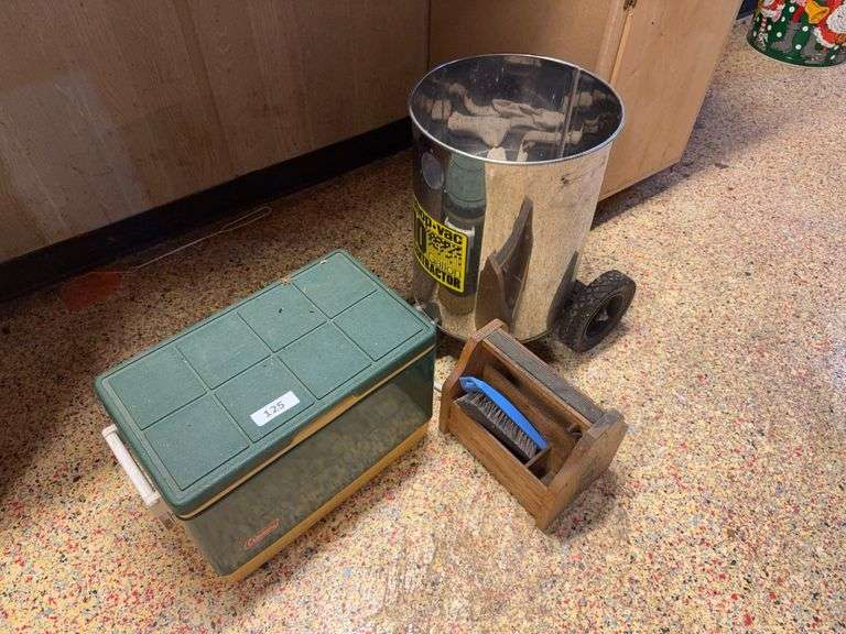 Coleman cooler, wood caddy, shop vac holder on wheels image