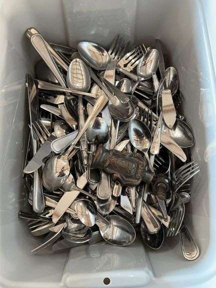Large tub of misc. flatware, wine bottle openers image
