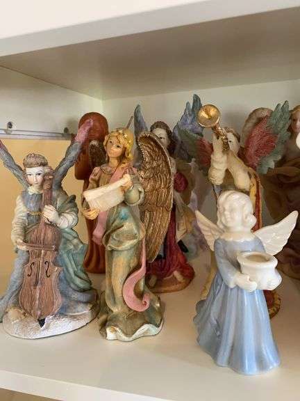 Christmas angels, Fontanini, Fostoria bell, miscellaneous (top shelf)