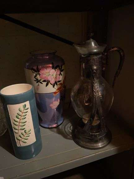 Clear glass bowl, 2 vases, 2 ceramic vases, vintage carafe on stand image