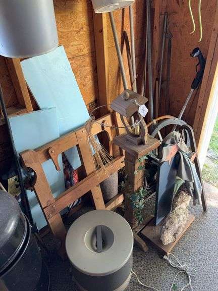 Yard tools, sewer snakes, quilting frames( no poles), mini chair , bucket image