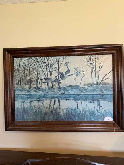 Framed geese in flight picture, 42”w x 30”h