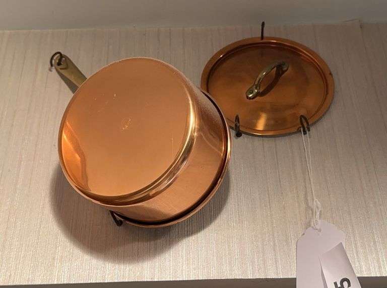 2 copper saucepans, 2 small pans, decorative pan image