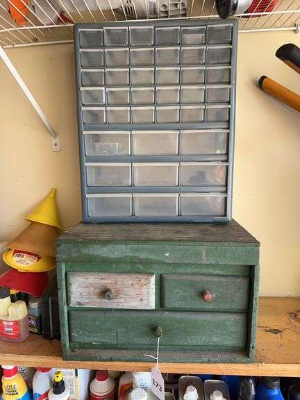 Wooden tool box, plastic storage unit, contents of misc calipers and die taps image
