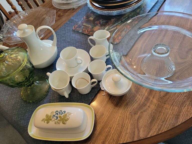 Espana Blanco Block Bidasoa (Spain) Espresso Cups and Saucers, Sugar/Creamer, Ironstone (Japan) Blue Grapes Butter Dish w/ Lid, Clear Bowl, Pedastal Cake Plate,  Hazel Atlas Green Pedastal Jar image