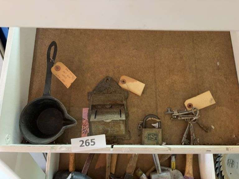 Match box, melt ladle, padlock, skeleton keys image