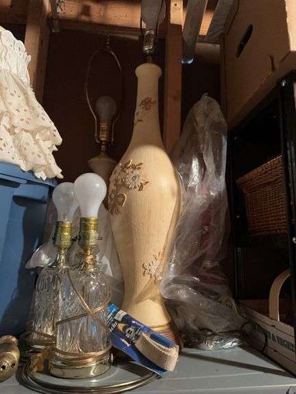 Lot of lamps and lamp shades, Las Vegas dice clock, wood clock image