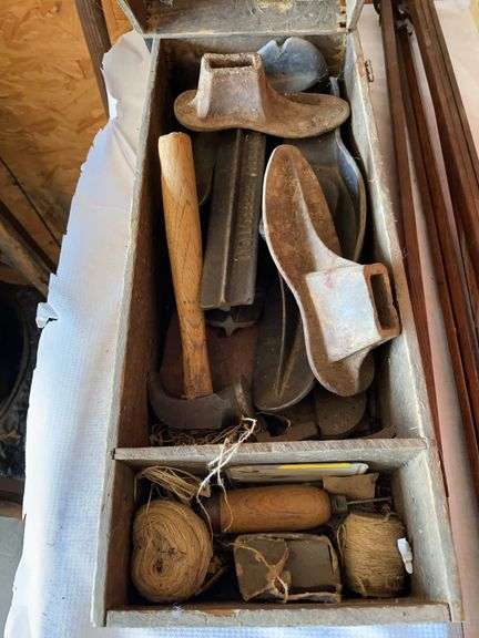 Wood blade c with shoe lasts, small cast iron pot, vintage bottle capper, vintage wood Amish drying rack image