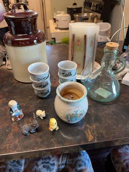 Covered jar, glass pitcher bottle, 6 child’s tea set cups, small figures, candle image