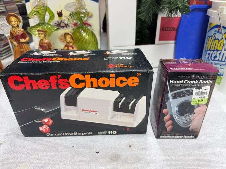 Knife sharpener, hand crank radio image