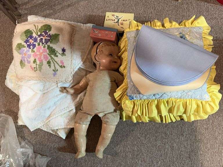 Antique doll (head cracked) Pillows, blanket, placemats, vintage children’s shoe boxes image
