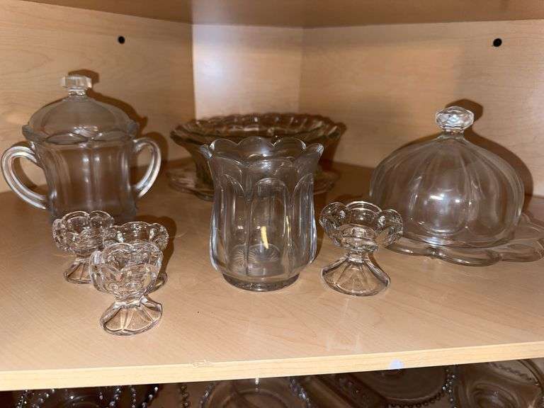 Clear glass bowls, candle holders, dish with dome, double handle lidded dish image