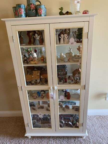 White display cabinet with glass sides and doors, wood shelves, 30”w x 15”d x 54”h, excludes all contents