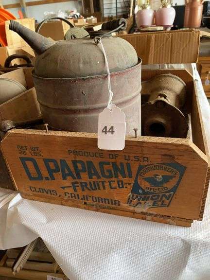 Wood box and drawer, pump, oil cans, galvanized watering can, saw blade, grinder, miscellaneous image