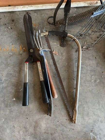 Trimmers, 2 rakes, saw; picks, sickle image