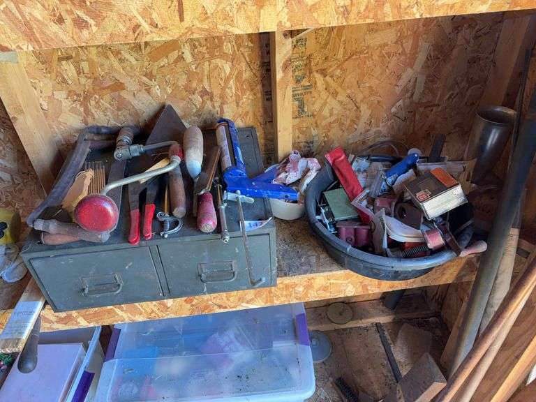 Metal file box, draw knives, concrete tools. Furniture clamp parts, misc image