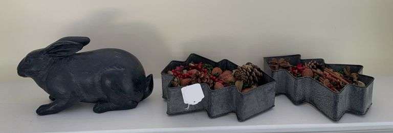 Decorative rabbit , 2 tin 11”Christmas tree shaped popouri holders image