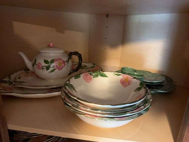 Franciscan china set including plates, bowls, tea pot and 2 oval serving plates, creamer and sugar, cups and saucers, salt and pepper, cabbage pattern plate, 2 cups and saucers