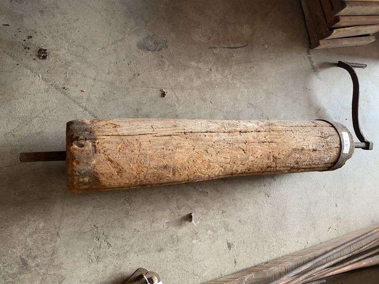 Antique wood hand crank bucket pulley, 42”l x 7”d image