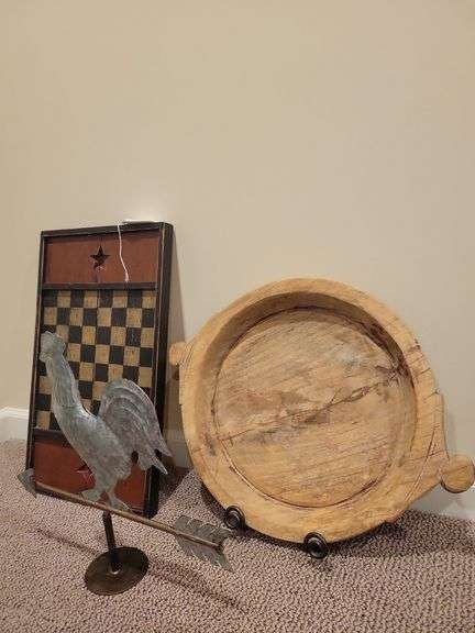 Wood Checkboard, Metal Rooster Weather Vane, Wood Bowl w/Stand image