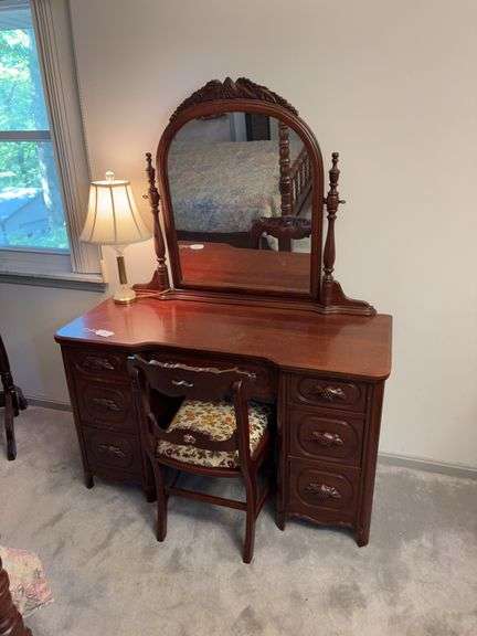 Vintage Solid Cherry kneehole desk w/ carved back chair, swivel mirror, carved drawer pulls image