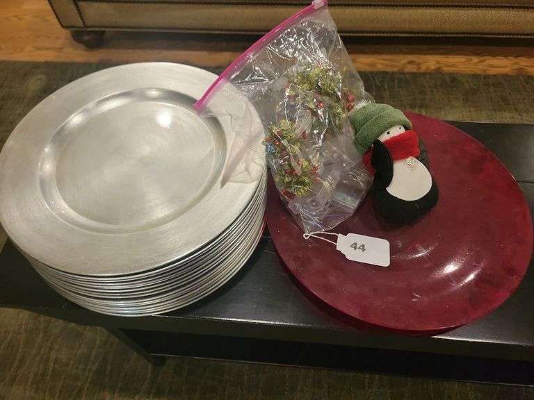 16 Silver Chargers, Rwd Platter, Holiday Decor, Battery Operated Twinkle Lights image