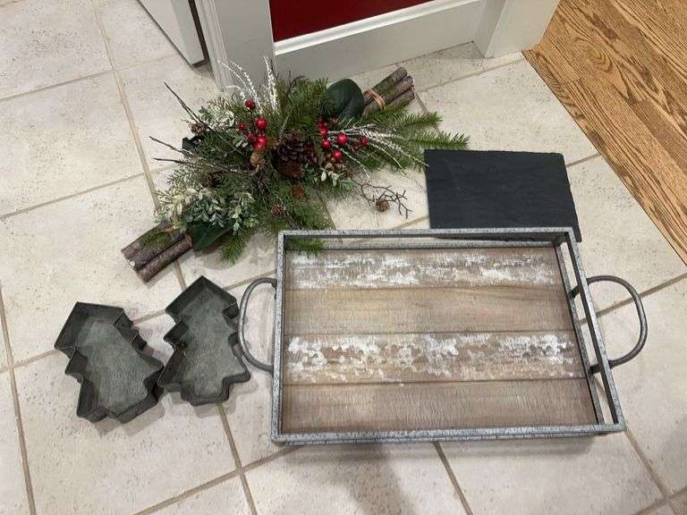 Decorative tray, 2 metal tree decor, floral decor, slate piece image