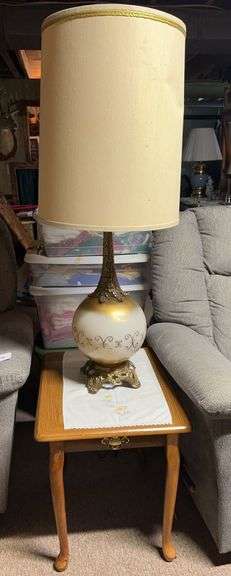 Wooden lamp table, tall gold and white lamp image
