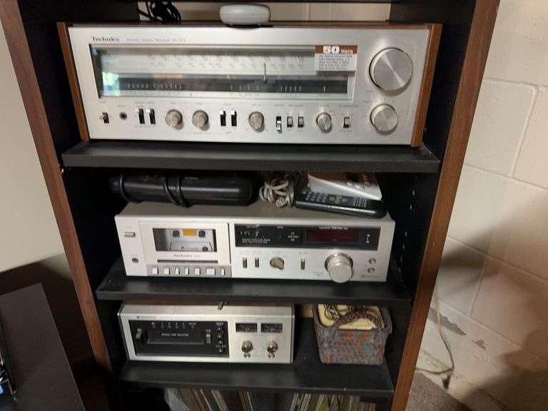 Technics stereo reciever, tape deck, Sanyo 8 track record deck. 2 Realistic speakers image