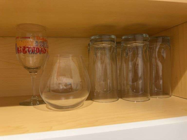 6 clear glass glasses, 2 non stem wine glasses, birthday wine glass image