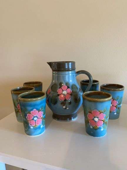 SMF Schramberg German pottery, hand painted, small pitcher with 6 glasses