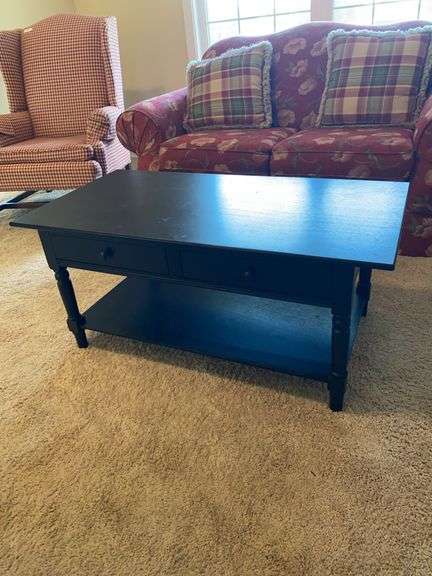 Black wood 2 drawer coffee table, 41.5”w x 22”d x 18.5”h