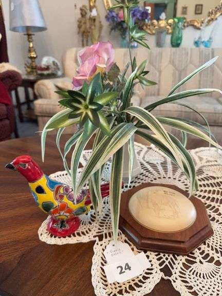 Bird figurine, deer wall hanging, faux flower arrangement, 2 doilies image