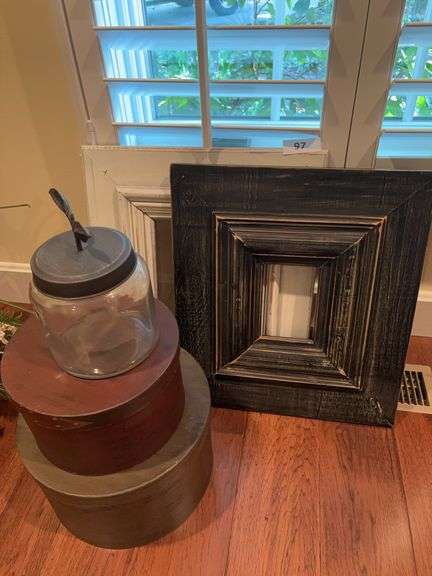 Distressed white Wooden framed mirror , dark wood frame , 2 hat boxes and canister image