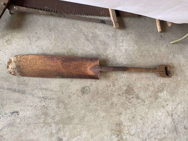 Vintage tools, hand saw, 2 man saws, spade for post holes image