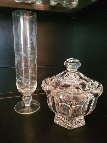 Baccarat Crystal Harcourt Missouri Jam Jar, Etched Footed Bud Vase, Clear Glass Platter image