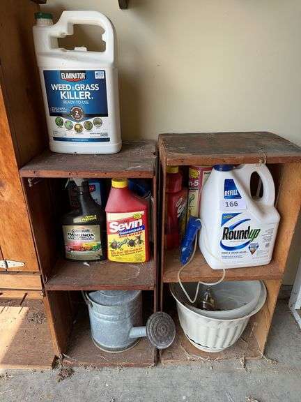 Lawn care, water can, 2 wooden crates image