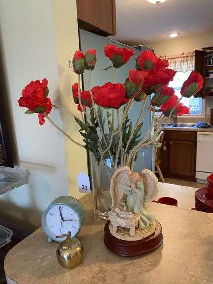 Vase with faux flowers, angel figurine, brass bell, clock, 2 wreaths