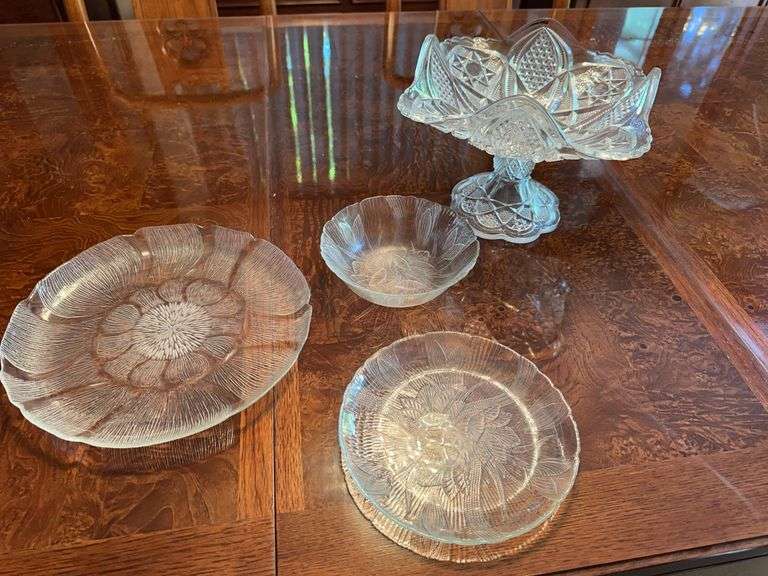 Pedestal dish, pattern glass plate, bowl and salad plate