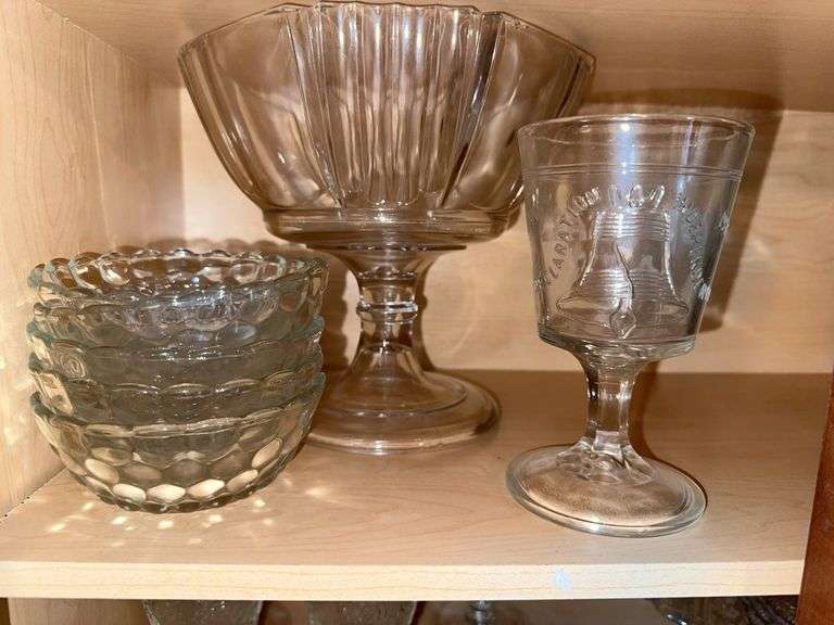 Compote, clear glass berry dishes, American Bicentennial commemorative glass goblet featuring the Liberty Bell