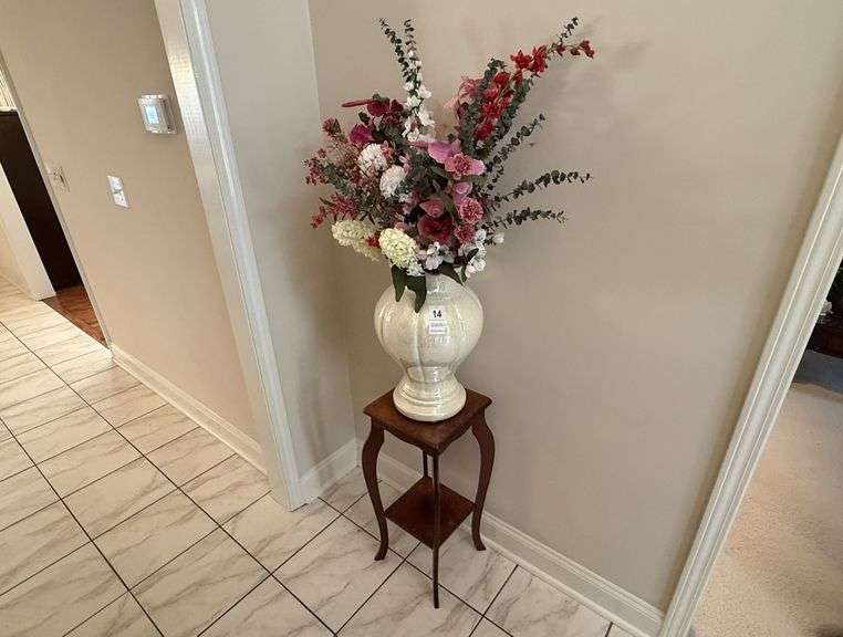Small Square Plant Stand, Ceramic Vase, and Flowers image