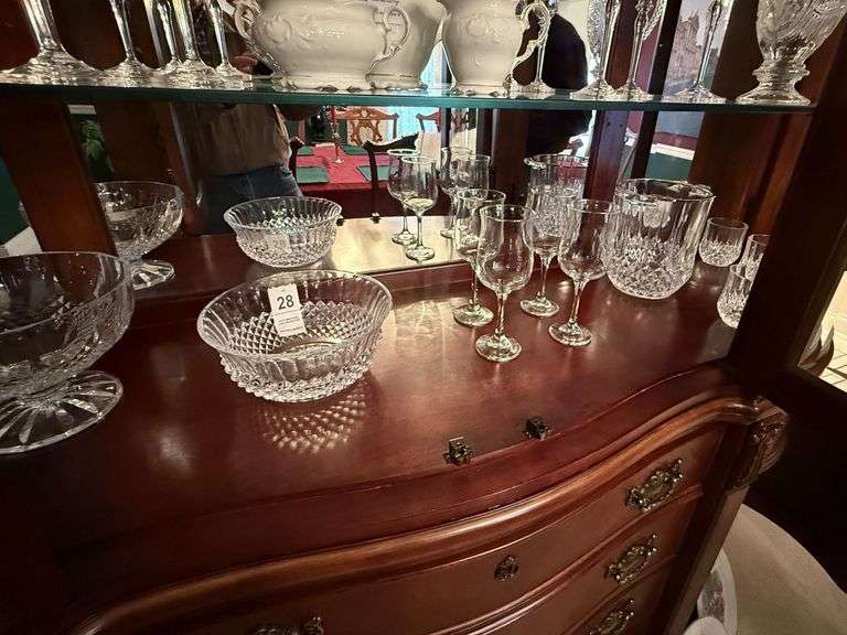 Contents of Bottom Shelf in China Cabinet - Crystal and Clear Glass image