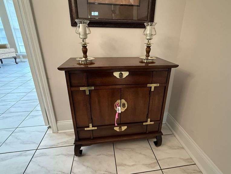 Asian Inspired Small Wooden Cabinet & 2 Candle Holders - Contents Included image
