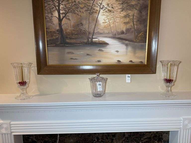 Two Candle Holders, Glass Bowl - On Mantel image